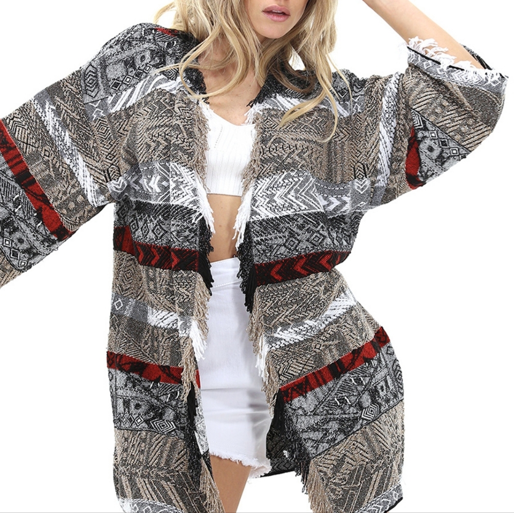 Twinset Fringed Metallic Tweed Jacquard Kimono Cardigan Sweater Jacket XS